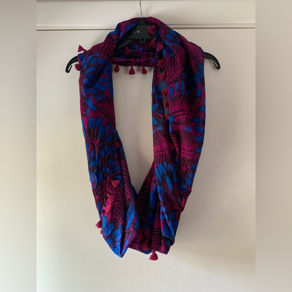 J. Crew Infinity Scarf Knotted Fringe Floral Tribal Magenta Pink Purple Blue